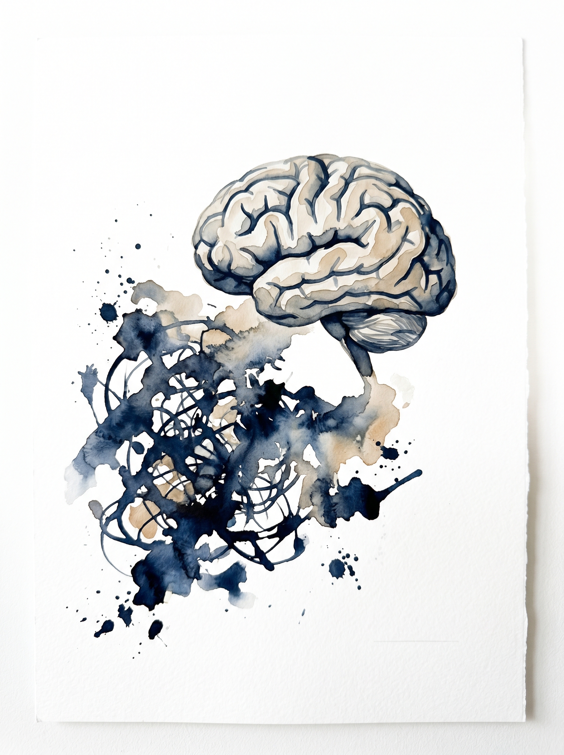 Ilustración de cerebro con acuarela representando la ansiedad