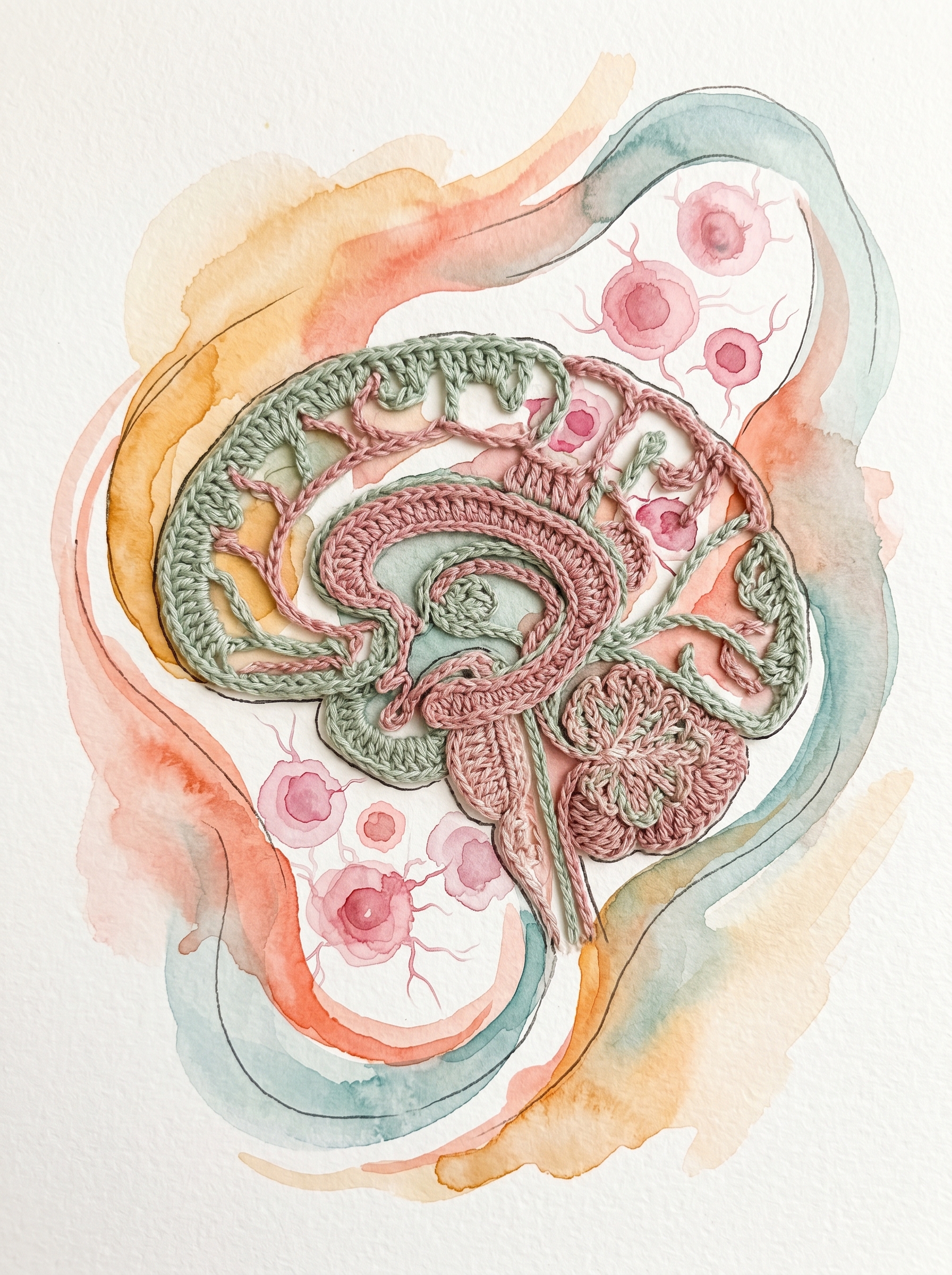 Ilustración acuarela y crochet sobre la interacción entre hormonas y cerebro femenino