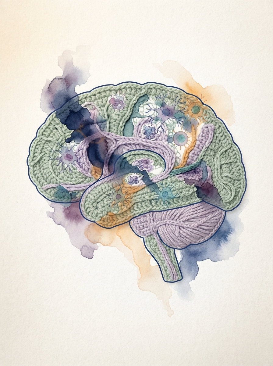 Ilustración acuarela y crochet sobre neuroinflamación y astrocitopatía