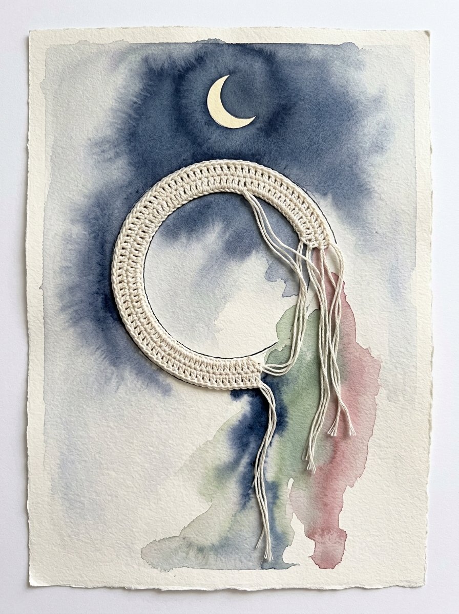 Ilustración acuarela y crochet sobre ciclos mentales abiertos y rumiación nocturna